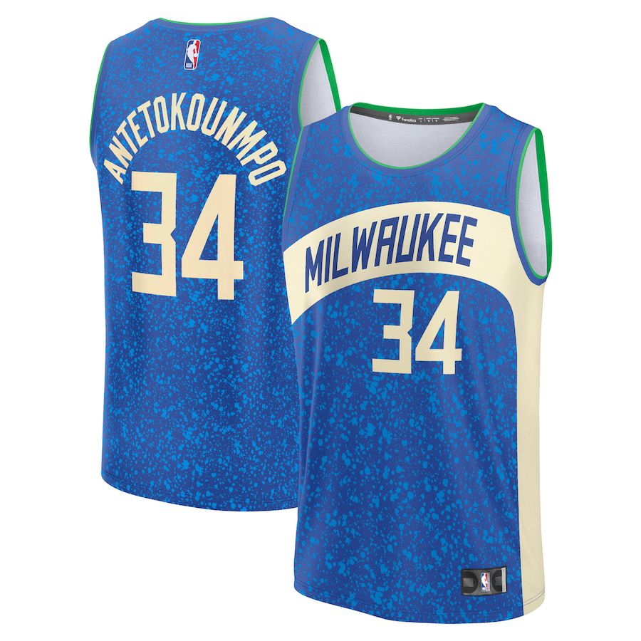 Men Milwaukee Bucks 34 Giannis Antetokounmpo Fanatics Branded Royal City Edition 2023-24 Fast Break NBA Jersey